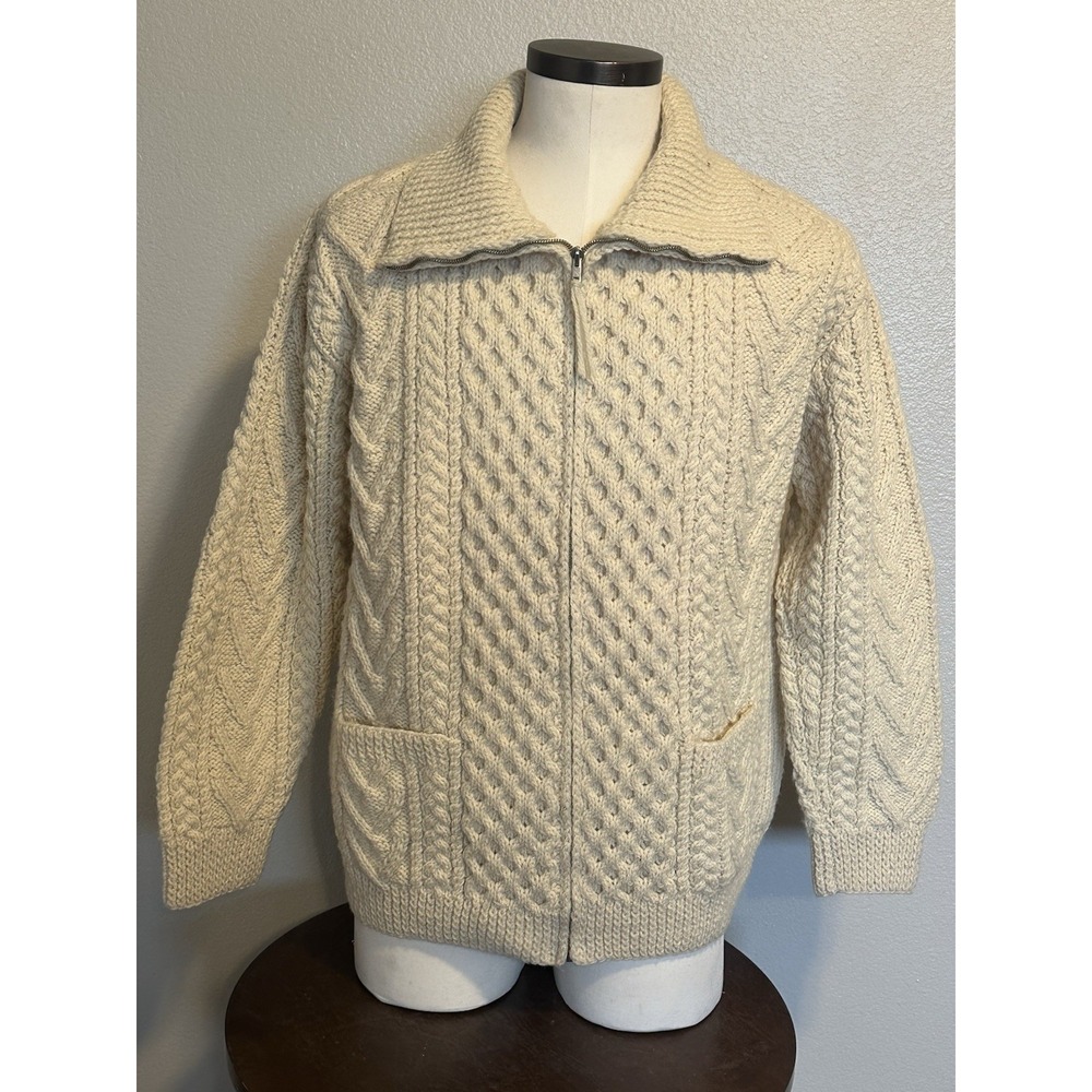 VTG GAELTARRA Sweater Hand Knit‎ Wool Sweater Size 46 Full Zip 2 Pockets Ireland